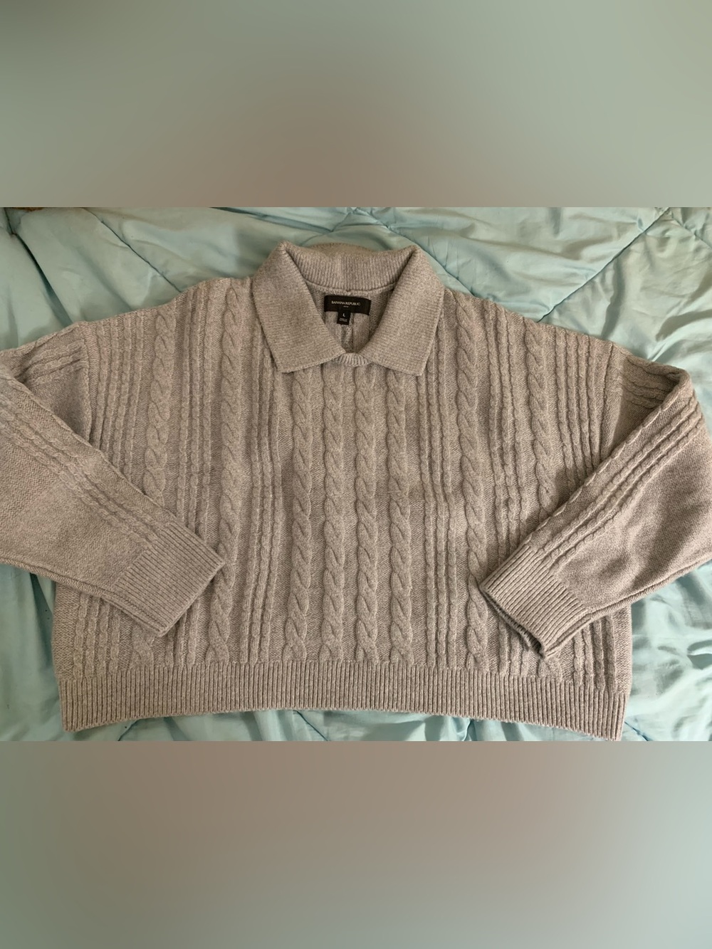 Banana Republic Cropped Cable Knit Polo Sweater in Light Gray